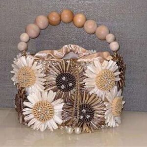 NWOT Floral Beaded Bucket Bag Wood Bead Handle Satin Lined Handbag